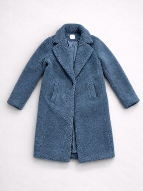 LOFT Blue Sherpa Teddy Coat XS Cozy Plush Mid Length Tailored Chic